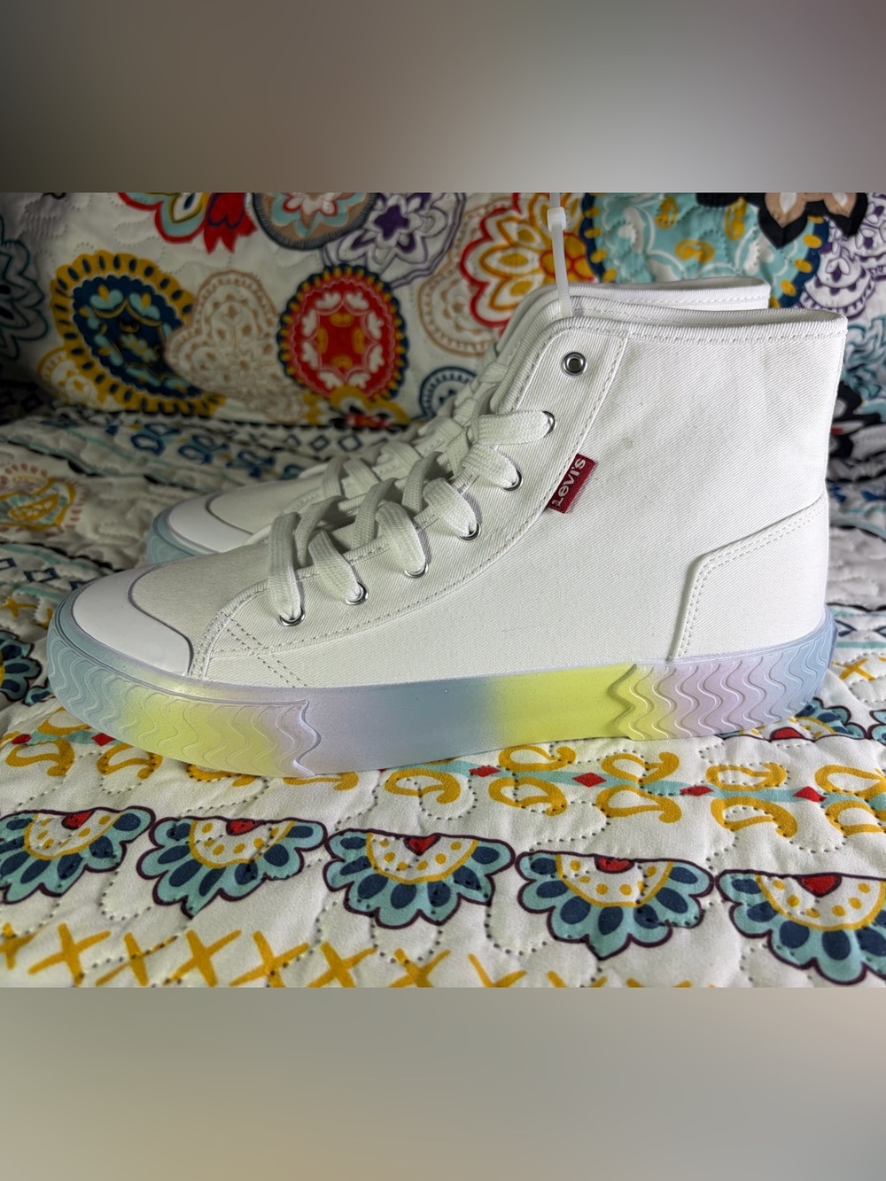 Levi's White High-Top Canvas Sneakers with Iridescent Gradient Sole - Picture 2 of 5